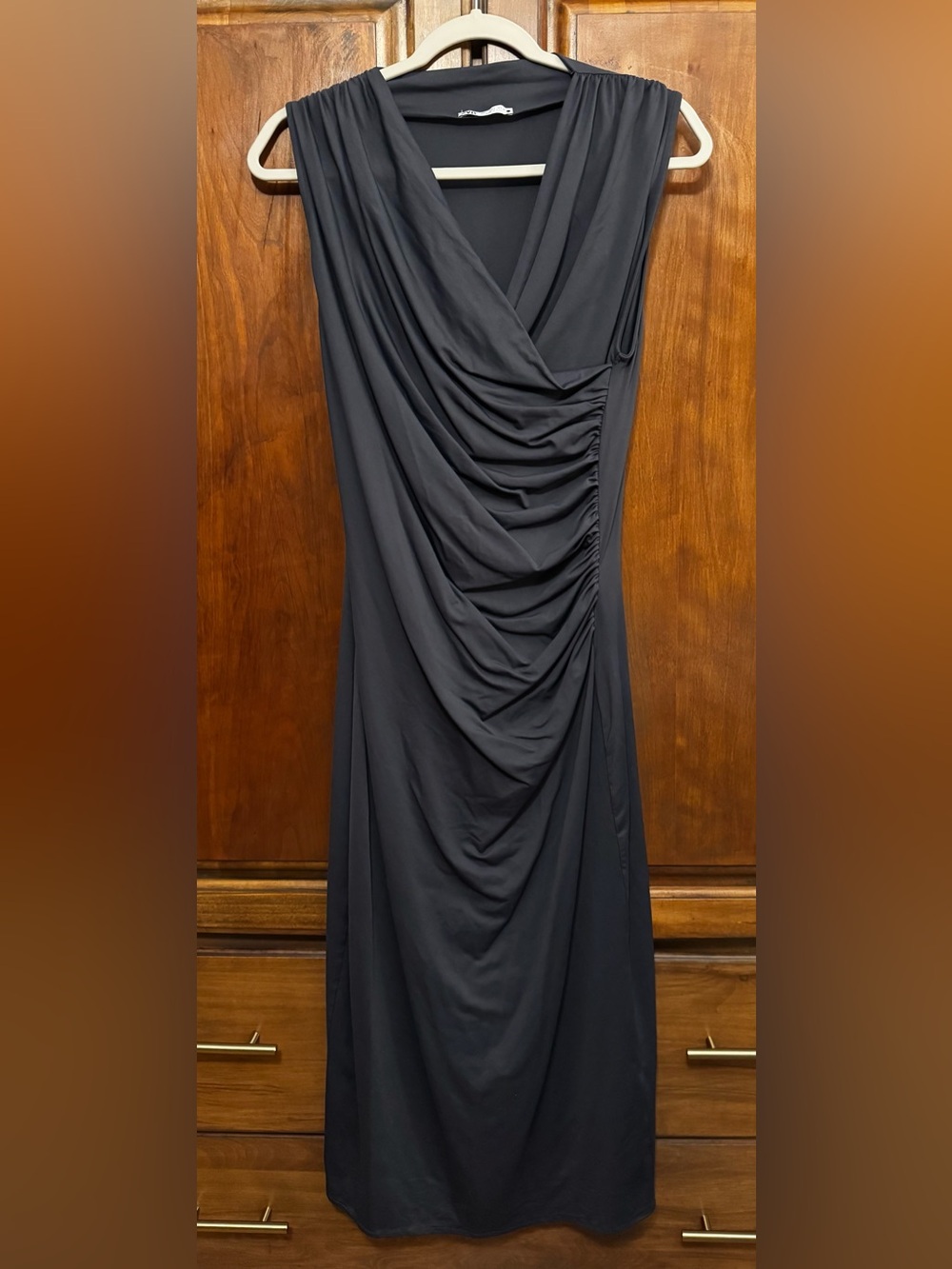 Zara Sleeveless Draped Midi Dress in Dark Grey size Large.